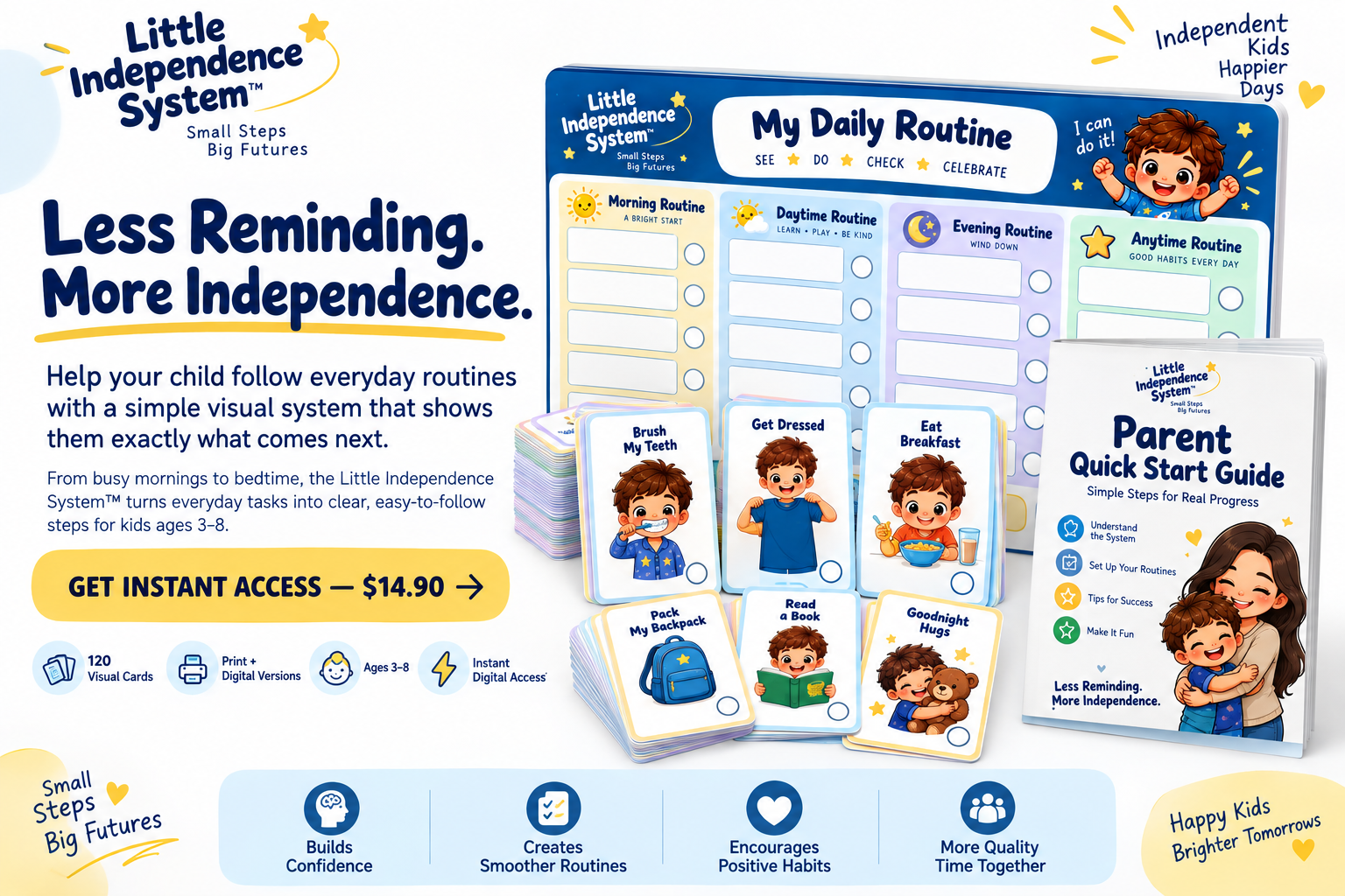 Little Independence System visual routine cards, routine board and parent guide